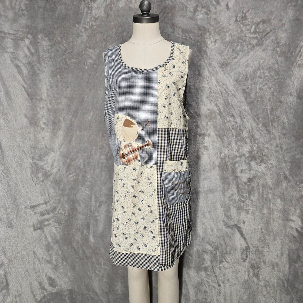 Patchwork Apron Smock Dress Women Free Sz Gingham Floral Mori Kei Kawaii Cottage